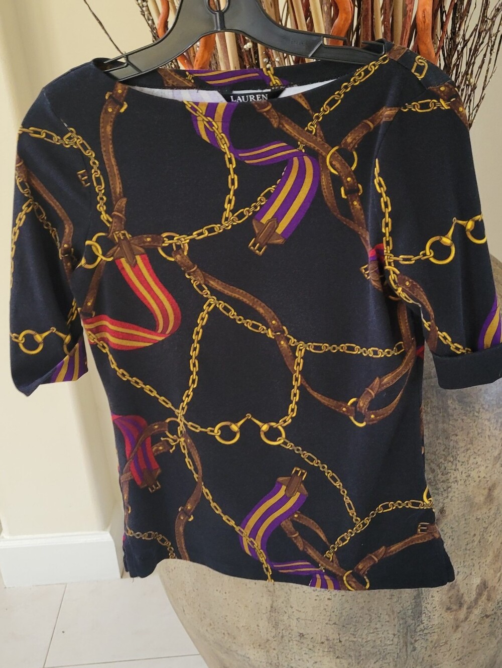 Ralph Lauren Black Label-Tee Cottn-Small-Petite-Blk w belts,horse harness,chains